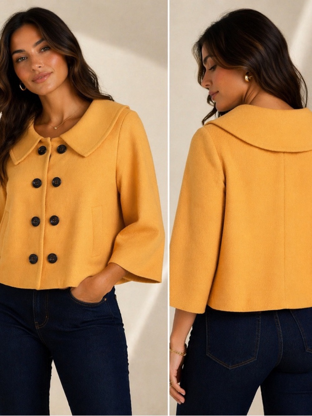 Laura Petites Cropped Peacoat Jacket in Mustard - Picture 2 of 12